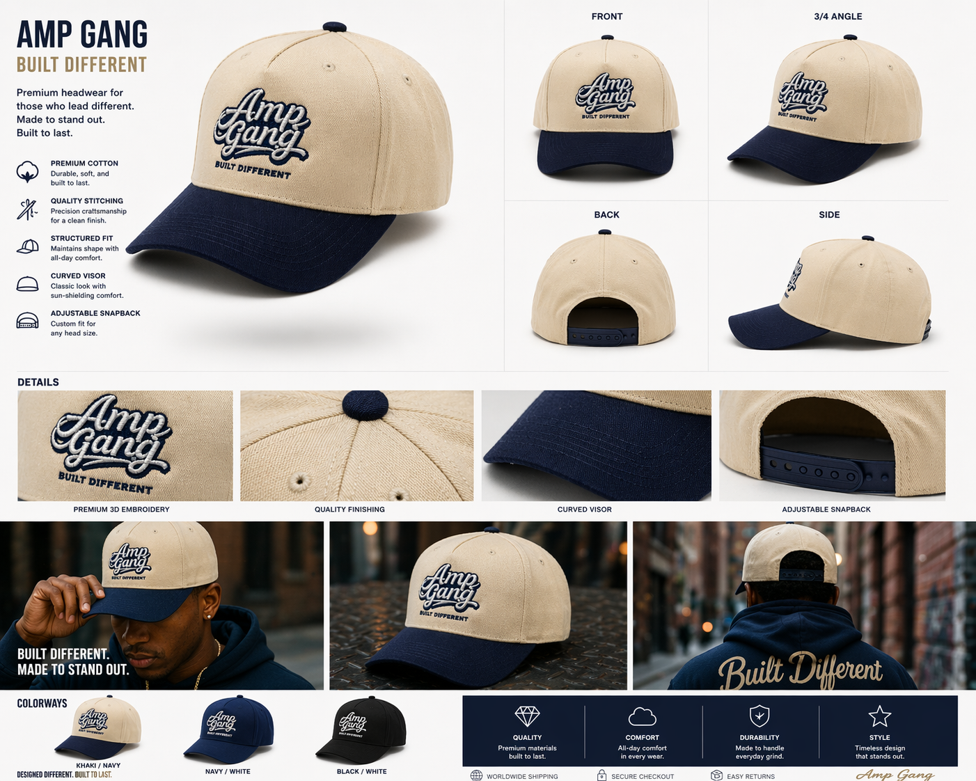 Amp Gang Built Different Off White/Navy Blue Snapback