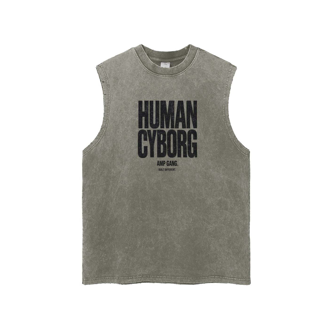 AMP GANG HUMAN CYBORG Snow Washed Frayed Hem Tank Top