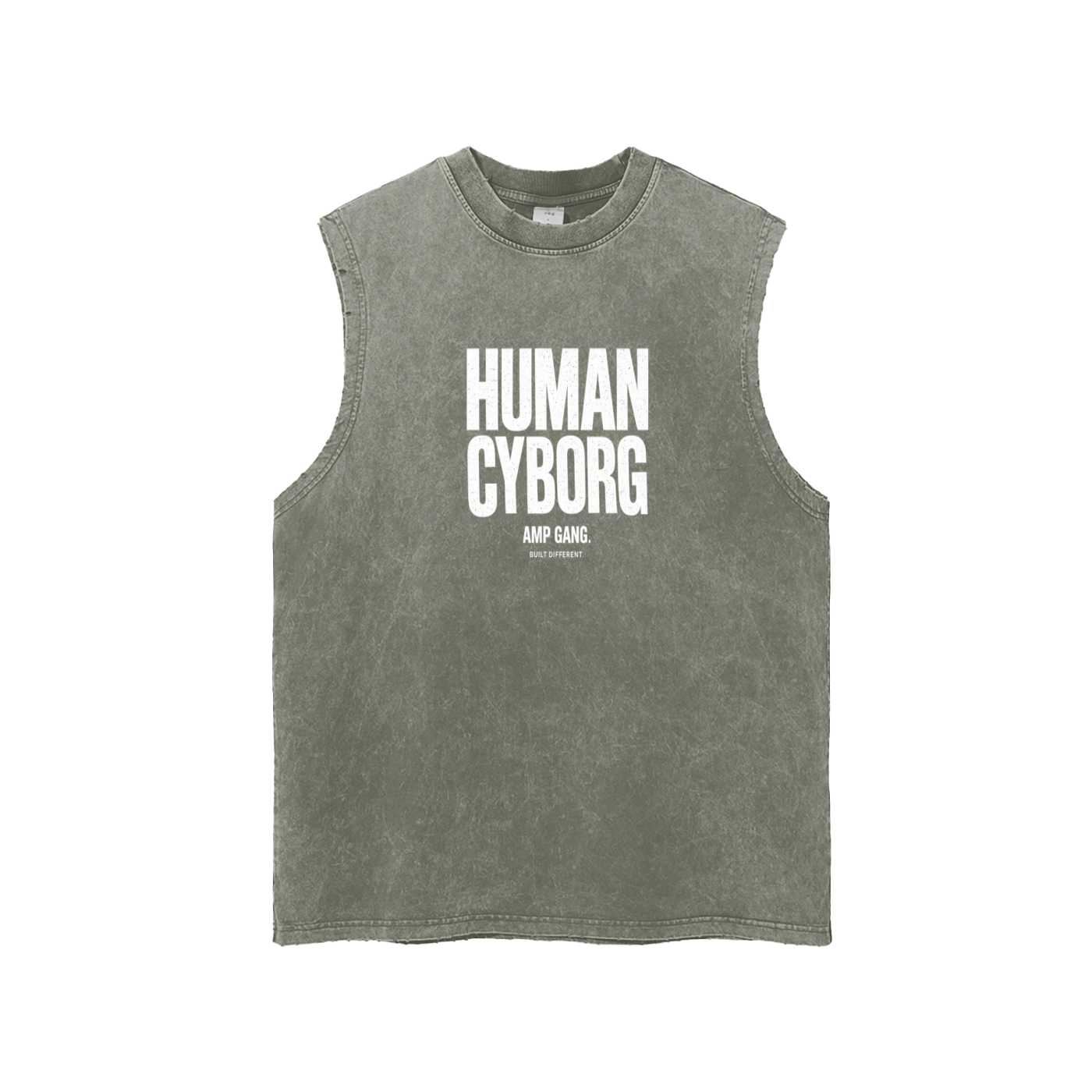 AMP GANG HUMAN CYBORG Snow Washed Frayed Hem Tank Top
