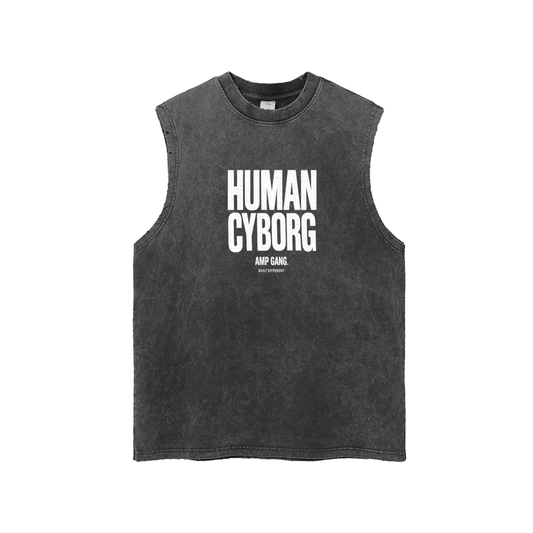 AMP GANG HUMAN CYBORG Snow Washed Frayed Hem Tank Top