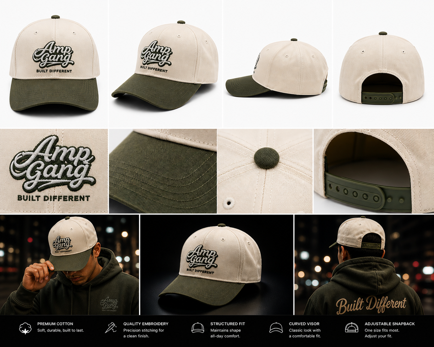 Amp Gang Built Different Off White/Army Green