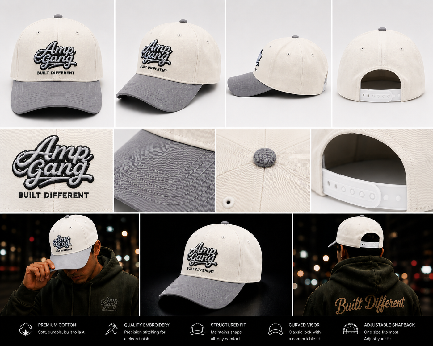 Amp Gang Built Different Off White/Gray Snapback